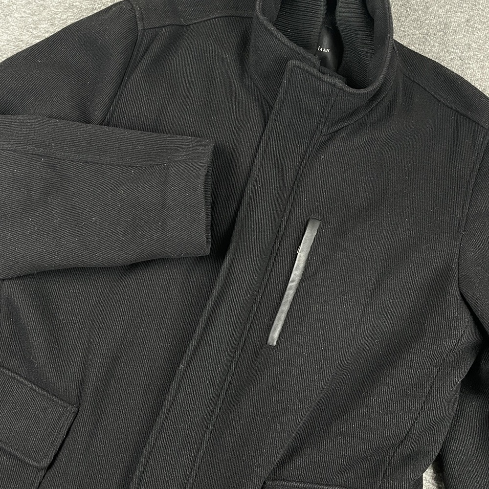 Cole Haan Coat Mens Large Black Wool Zip Front Overcoat Chest Pocket Snap Front